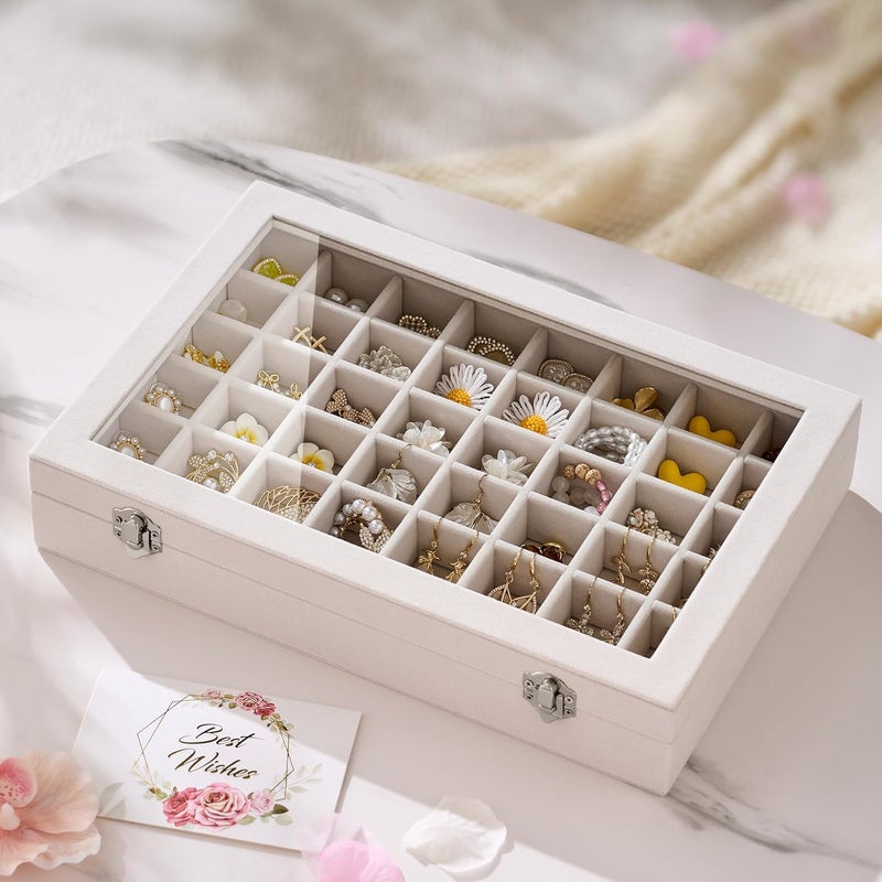 Josmimic 48 Grid Earring Organizer and Storage - Velvet Jewelry Tray with Lid, Jewelry Box for Studs, Earrings, Rings, Necklaces, Dresser & Vanity, Beige - Image 2
