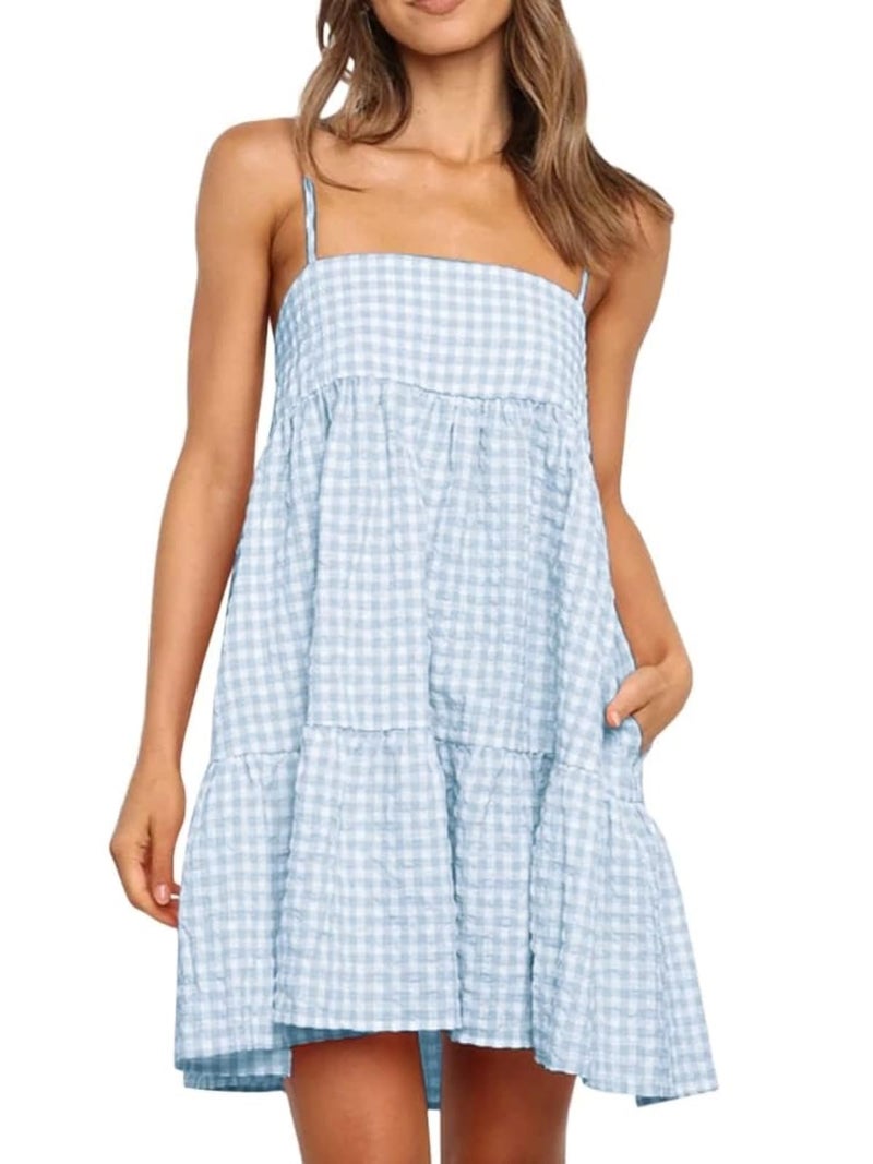 Wenrine Womens Summer Plaid Mini Dress Casual Spaghetti Strap Sleeveless A Line Beach Sundress with Pockets Sky Blue - Image 1