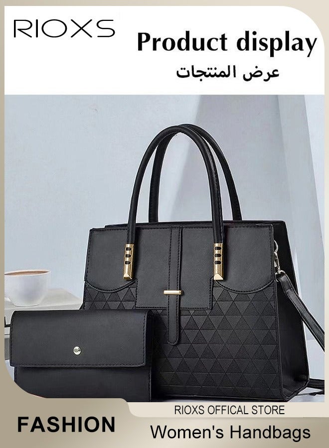 RIOXS 2 Pcs Satchel Handbag Set for Women, Women's Leather Handbags and Purses, Ladies' Large Capacity Elegant Crossbody Bag, Fashion Top Handle Shoulder Bags with Matching Clutch Wallet, Quilted Shoulder Tote Bags and Wallets, for Travel, Shopping, ating, Party, Collage and More, Black - Image 2