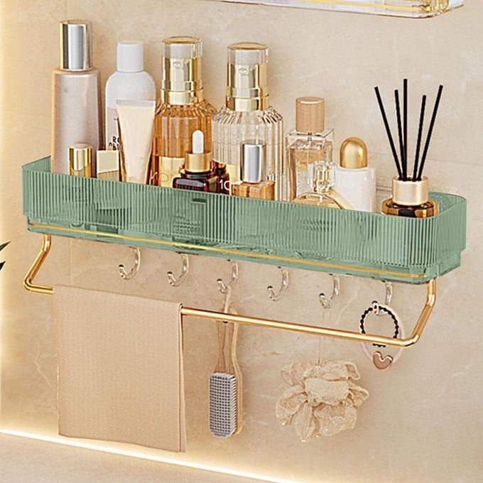 BATHROOM STORAGE SHELF STYLISH DESIGN EXTRA SPACE KITCHEN WALL MOUNTED SHELF GREEN TYPE WITH HOOK AND TOWEL BAR