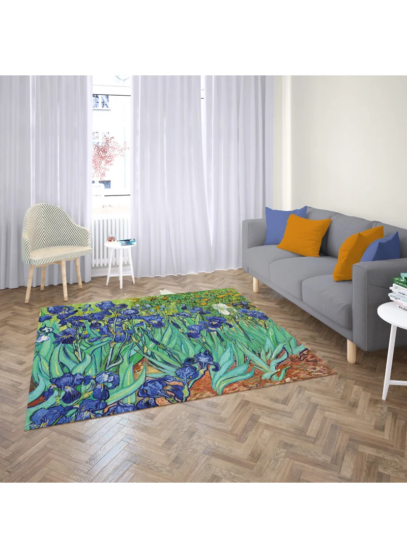 Vagonik Van Gogh Iris Iris Flower Digital Printed Carpet Non-Slip Based Washable Carpet