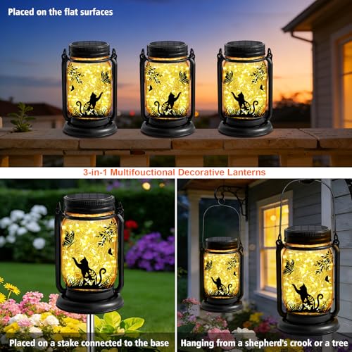 ANGMLN Cat Lover Gifts for Mom, Grandma,Women Mothers Day Birthday, Cat Solar Lanterns Butterfly Vintage Glass Hanging Mason Jar, Waterproof Fairy Garden Lights for Patio Yard Lawn Tree Decor - Image 2