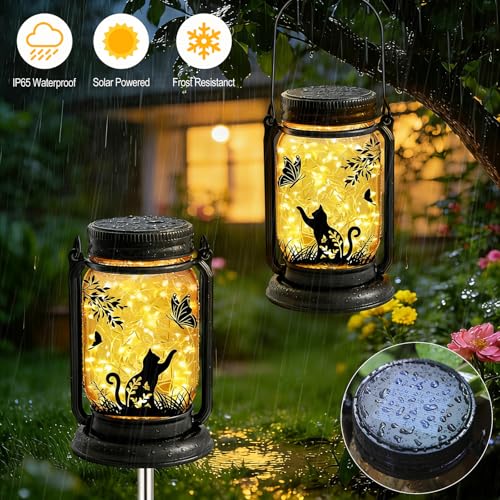 ANGMLN Cat Lover Gifts for Mom, Grandma,Women Mothers Day Birthday, Cat Solar Lanterns Butterfly Vintage Glass Hanging Mason Jar, Waterproof Fairy Garden Lights for Patio Yard Lawn Tree Decor - Image 4