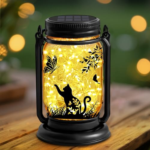ANGMLN Cat Lover Gifts for Mom, Grandma,Women Mothers Day Birthday, Cat Solar Lanterns Butterfly Vintage Glass Hanging Mason Jar, Waterproof Fairy Garden Lights for Patio Yard Lawn Tree Decor - Image 1