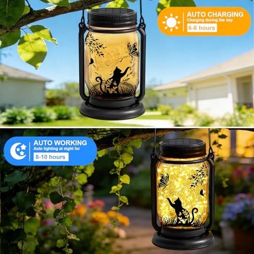 ANGMLN Cat Lover Gifts for Mom, Grandma,Women Mothers Day Birthday, Cat Solar Lanterns Butterfly Vintage Glass Hanging Mason Jar, Waterproof Fairy Garden Lights for Patio Yard Lawn Tree Decor - Image 3