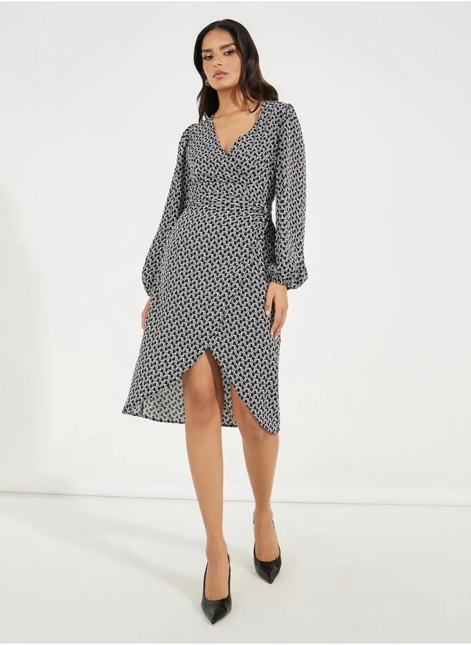 Take Two All Over Print Wrap Knee Length Dress by Styli