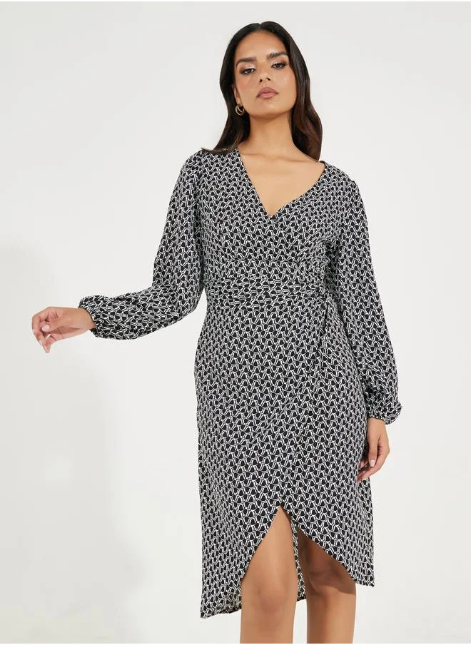 Take Two All Over Print Wrap Knee Length Dress by Styli