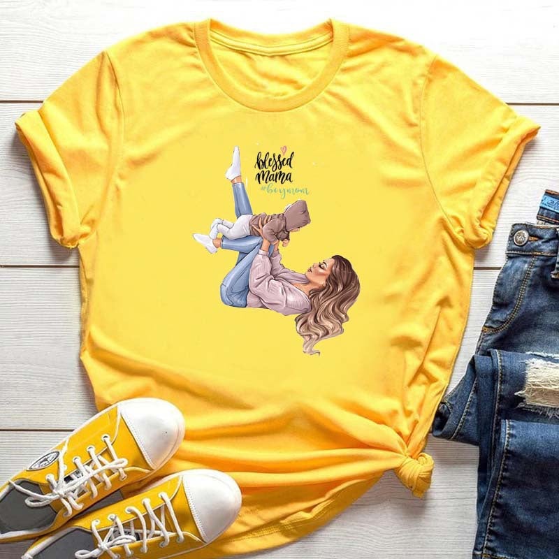 Generic Summer New Super Mom Themed White Tee for Women HQ047-yellow