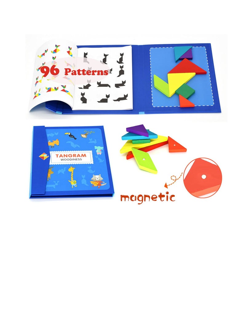 Excefore Wooden Pattern Tangram Magnetic Puzzle, Magnetic Pattern Block Book, IQ Educational Toy Gift Brain Teasers for Kid Toddlers Age 3+ Years Old - Image 2
