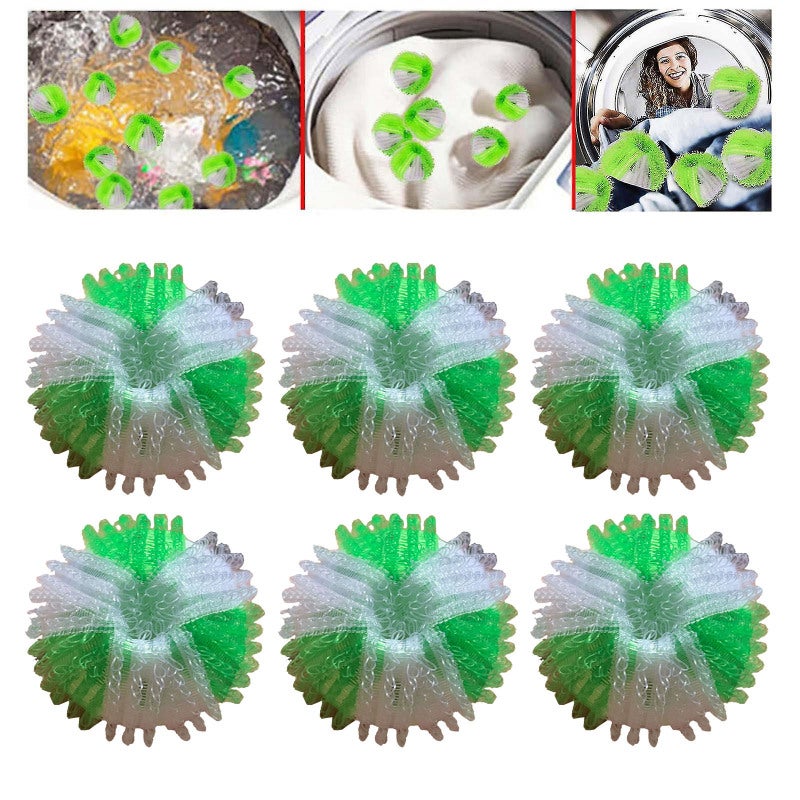 Laundry Lint Remover Balls 6 Pack Green & White: Reusable Pet Hair Catcher Balls - Anti-Winding Wrinkle Reducing Washing Balls for Home Laundry & Pet Owners - Image 1