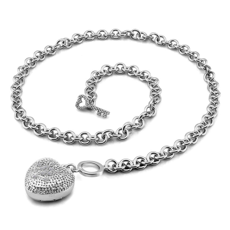 H&Beautimer Handmade in Italy - 925 Sterling Silver Necklace -Women's AAAAA CZ Zircon Heart/Lock Pendant Necklace Rolo Chain 18,20 Inch - Charm Jewelry - Birthday Gift (18 inches, Heart Pendant) - Image 1