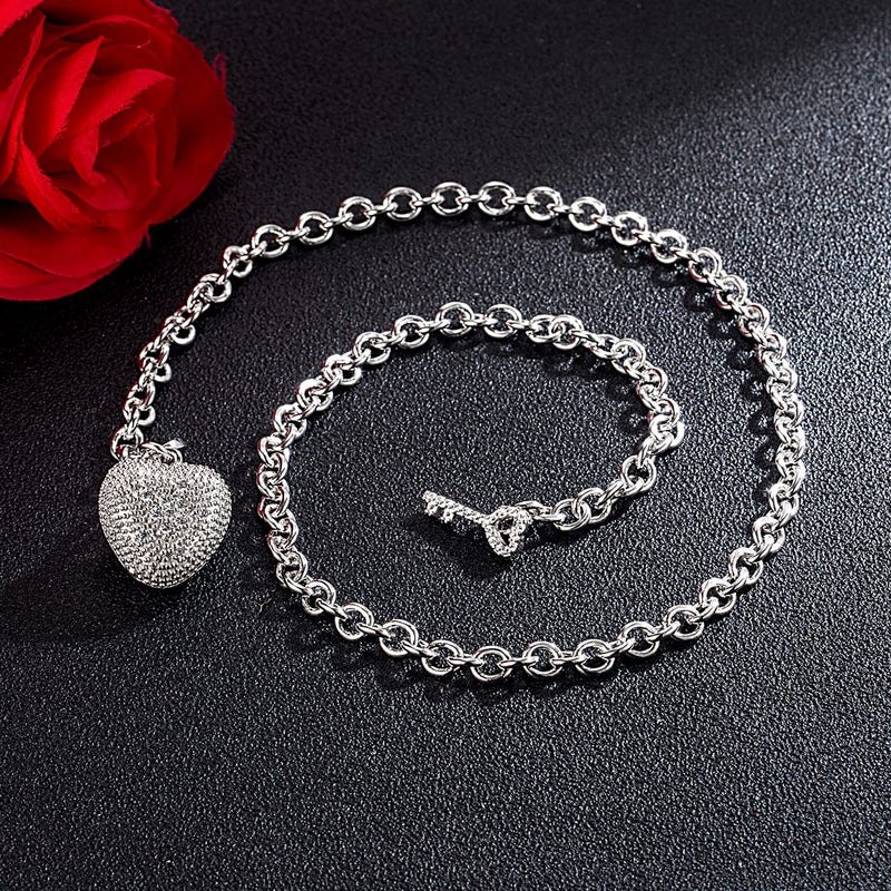 H&Beautimer Handmade in Italy - 925 Sterling Silver Necklace -Women's AAAAA CZ Zircon Heart/Lock Pendant Necklace Rolo Chain 18,20 Inch - Charm Jewelry - Birthday Gift (18 inches, Heart Pendant) - Image 5