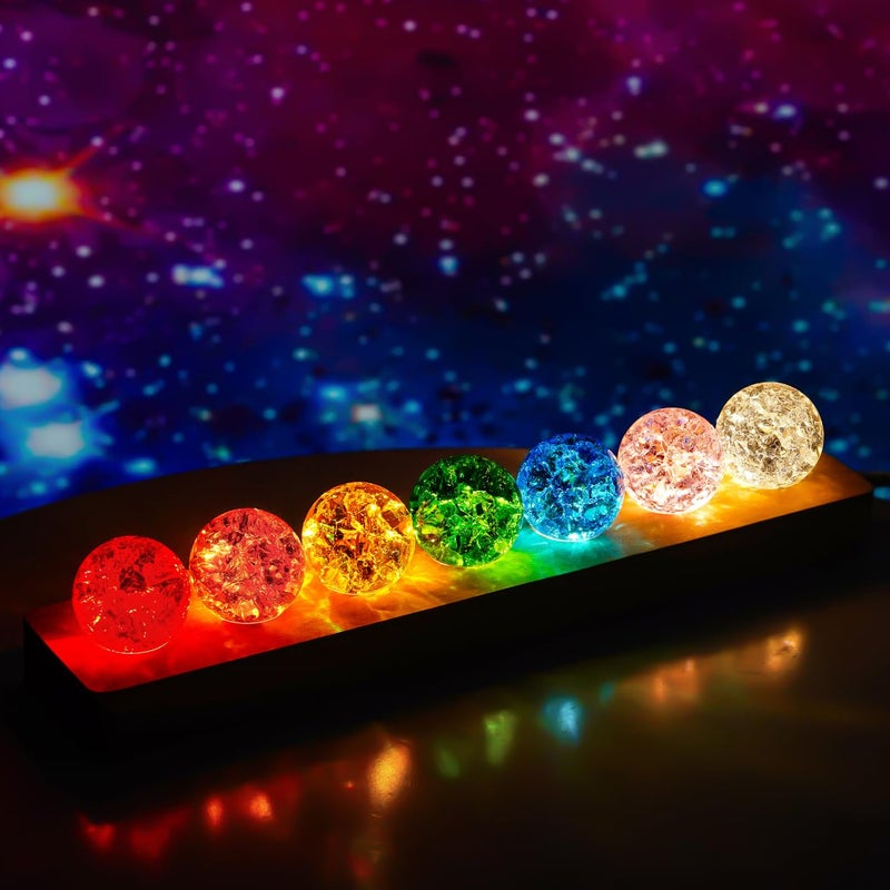 KRISININE 7 Colors 40mm Ice Cracked Balls Crystal Chakra Balls with LED Wooden Base Glass Healing Sphere Balls with Stand Night Light Decoration Quartz for Christmas Decorations - Image 1
