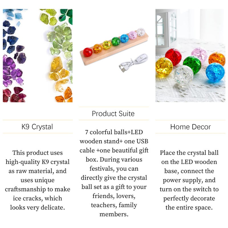 KRISININE 7 Colors 40mm Ice Cracked Balls Crystal Chakra Balls with LED Wooden Base Glass Healing Sphere Balls with Stand Night Light Decoration Quartz for Christmas Decorations - Image 5