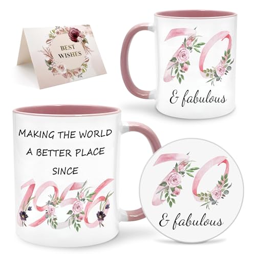 Lingdeer 70th Birthday Gifts for Women Her, 1956 Vintage Birthday Coffee Mugs with Silicone Coaster, Fabulous 1956 Gifts Ideas for 70 Years Old Women Mom Sisters Grandma - Image 1