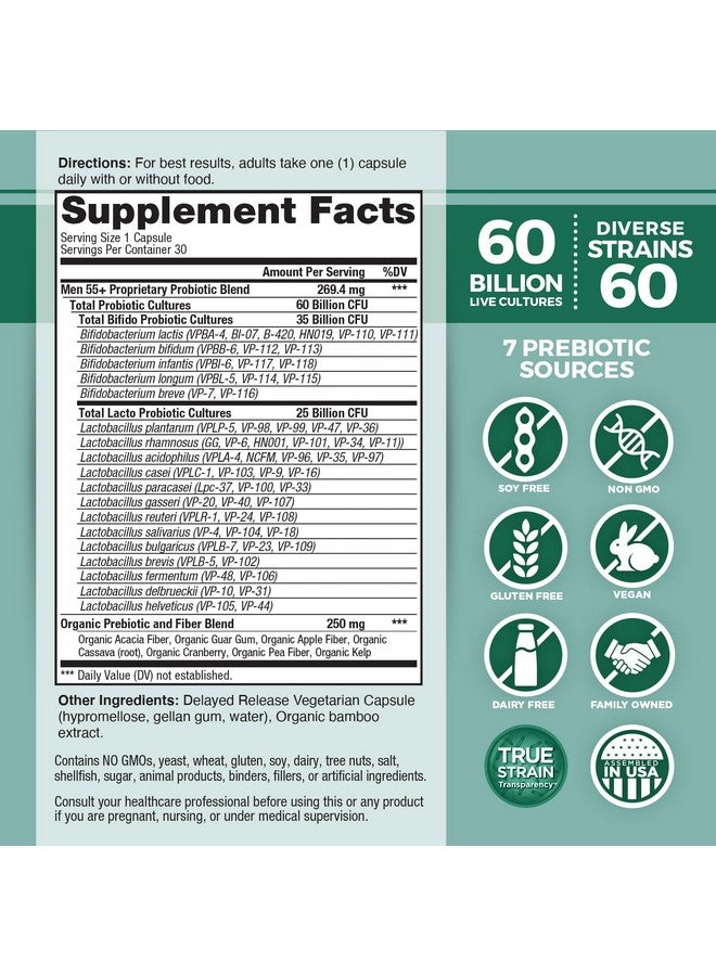 Vital Planet - Vital Flora Men 55+ Daily Probiotic, 60 Billion CFU, 60 Diverse Strains, 7 Organic Prebiotics, Immune Support, Gas Relief, Colon and Digestive Health Probiotics for Men 30 Capsules - Image 2