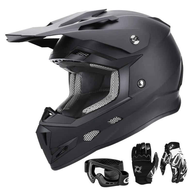 GLX GX623 DOT Kids Youth ATV OffRoad Dirt Bike Motocross MX Motorcycle Full Face Helmet Combo Gloves Goggles for Boys Girls Matte Black Medium