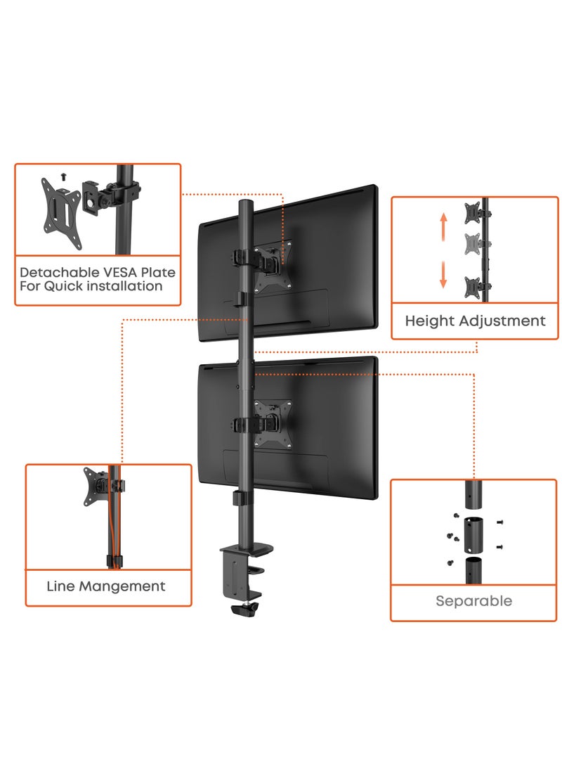 erorex Dual Monitor Stand- Vertical Stack Monitor Desk Mount For Two Screens Up To 32 Inch Height Adjustable Screen Supports With Swivel, Tilt, Rotation, C-Clamp And Grommet Bases, 9KG Black  - Image 2