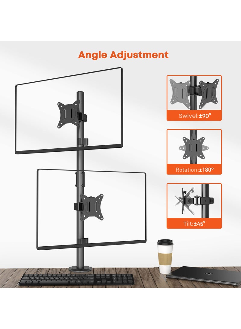 erorex Dual Monitor Stand- Vertical Stack Monitor Desk Mount For Two Screens Up To 32 Inch Height Adjustable Screen Supports With Swivel, Tilt, Rotation, C-Clamp And Grommet Bases, 9KG Black  - Image 4