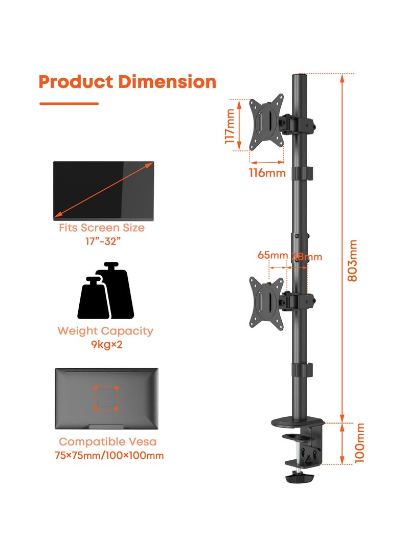 erorex Dual Monitor Stand- Vertical Stack Monitor Desk Mount For Two Screens Up To 32 Inch Height Adjustable Screen Supports With Swivel, Tilt, Rotation, C-Clamp And Grommet Bases, 9KG Black  - Image 5