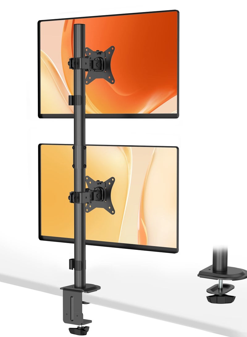 erorex Dual Monitor Stand- Vertical Stack Monitor Desk Mount For Two Screens Up To 32 Inch Height Adjustable Screen Supports With Swivel, Tilt, Rotation, C-Clamp And Grommet Bases, 9KG Black  - Image 1