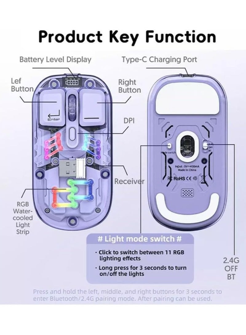 Transparent Wireless Dual-Mode RGB Bluetooth Mouse Ergonomic Universal Hots Adjustable to 1600dpi / FV-T7 purple - Image 5