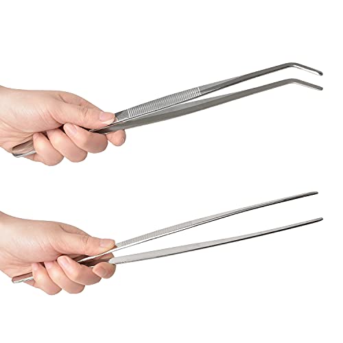 HSTECH 2 Pcs 12 Inch Long Handle Stainless Steel Straight and Curved Tweezers Nippers, Set with Serrated Tips Comfortable Ridged Handle for Garden, Kitchen, Indoors and Outdoors - Image 4