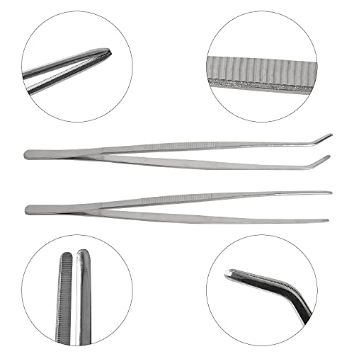 HSTECH 2 Pcs 12 Inch Long Handle Stainless Steel Straight and Curved Tweezers Nippers, Set with Serrated Tips Comfortable Ridged Handle for Garden, Kitchen, Indoors and Outdoors - Image 3