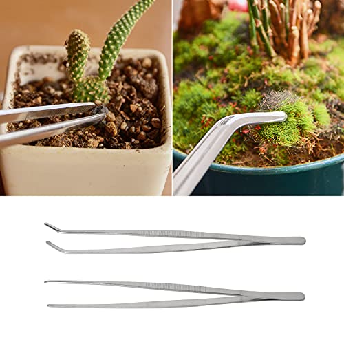 HSTECH 2 Pcs 12 Inch Long Handle Stainless Steel Straight and Curved Tweezers Nippers, Set with Serrated Tips Comfortable Ridged Handle for Garden, Kitchen, Indoors and Outdoors - Image 5