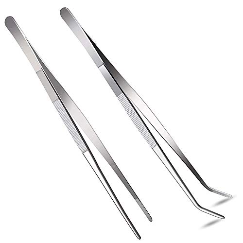 HSTECH 2 Pcs 12 Inch Long Handle Stainless Steel Straight and Curved Tweezers Nippers, Set with Serrated Tips Comfortable Ridged Handle for Garden, Kitchen, Indoors and Outdoors - Image 1