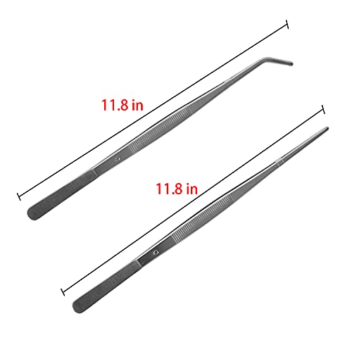 HSTECH 2 Pcs 12 Inch Long Handle Stainless Steel Straight and Curved Tweezers Nippers, Set with Serrated Tips Comfortable Ridged Handle for Garden, Kitchen, Indoors and Outdoors - Image 2