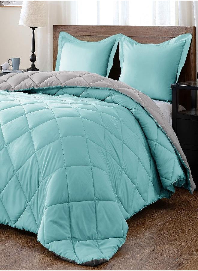downluxe downluxe Lightweight Solid Comforter Set (Queen) with 2 Pillow Shams - 3-Piece Set - Turquoise and Gray - Down Alternative Reversible Comforter  - Image 1
