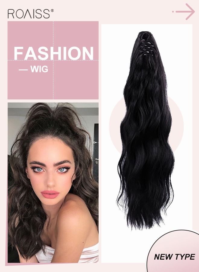 رويس وصلات ذيل حصان طويلة ومموجة، شعر مستعار طبيعي بمشبك مخلب صغير، وصلة إطالة شعر ، قطعة شعر صناعية للنساء والفتيات، تسريحة شعر ناعمة للاستخدام اليومي، 50 سم - أسود - Image 1