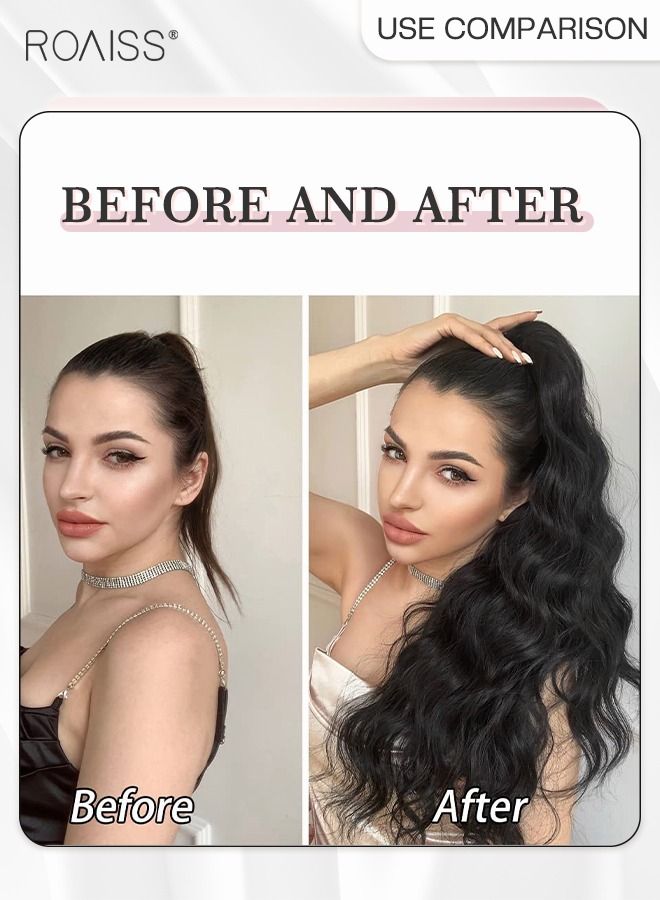 رويس وصلات ذيل حصان طويلة ومموجة، شعر مستعار طبيعي بمشبك مخلب صغير، وصلة إطالة شعر ، قطعة شعر صناعية للنساء والفتيات، تسريحة شعر ناعمة للاستخدام اليومي، 50 سم - أسود - Image 2