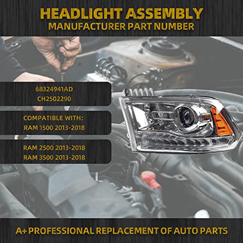 Dasbecan OE Projector Halogen Headlights w/LED Signal DRL Compatible With Dodge Ram 1500 2500 3500 2013-2018 Left Driver Side Headlamp assembly Chrome Trim w/Bulbs Replaces#68324941AD CH2502290 - Image 2
