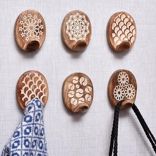 Indian-Shelf Indian Shelf 6 Hooks, 12 Strips Wood Adhesive Wall Hooks- Decorative Wall Hooks for Hanging- Boho Sticky Coat Hook Wall Mount- Wooden Towel Hook for Bathroom - Image 1