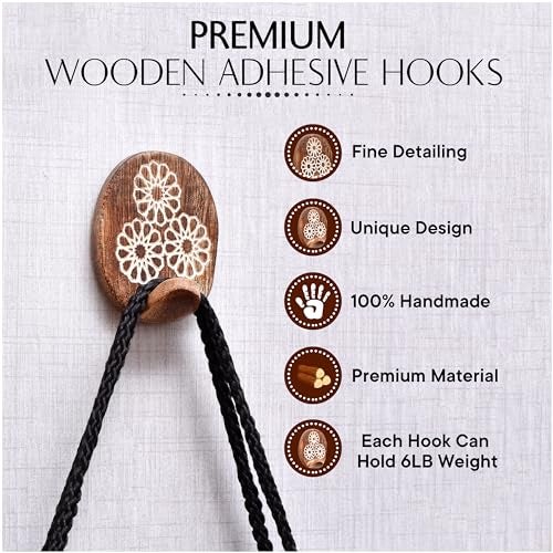 Indian-Shelf Indian Shelf 6 Hooks, 12 Strips Wood Adhesive Wall Hooks- Decorative Wall Hooks for Hanging- Boho Sticky Coat Hook Wall Mount- Wooden Towel Hook for Bathroom - Image 5
