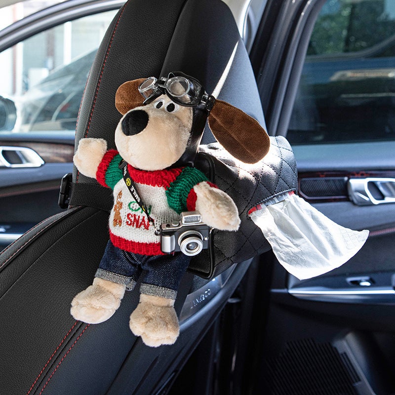 Car-Mounted Super Cute Leader Doll Car Seat Multifunctional Hanging Houndstooth Tissue Bag Car Tissue Box - Image 1