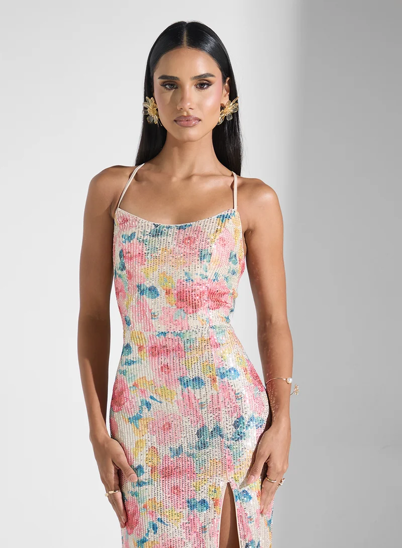 جينجر بوتيك Strappy Floral Sequin Dress With Slit