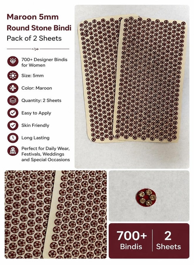 Maroon 5mm Round Stone Bindi Pack of 2 Sheets | 700+ Designer Self Adhesive Bindis for Women | Long Lasting Fancy bindis for Daily Wear, Wedding, Festival & Par - Image 3