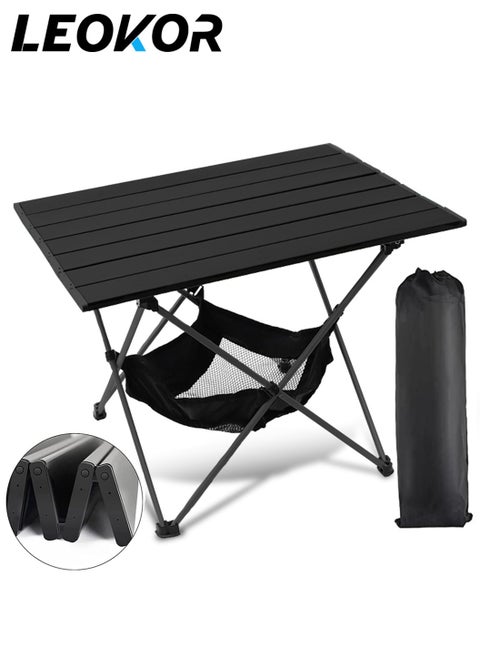 Portable Aluminum Alloy Camping Table with Lower Hanging Net, Folding Picnic Table, Lightweight Barbecue Table for Outdoor Activities, with Storage Bag, Black, 56cm*40cm*40cm