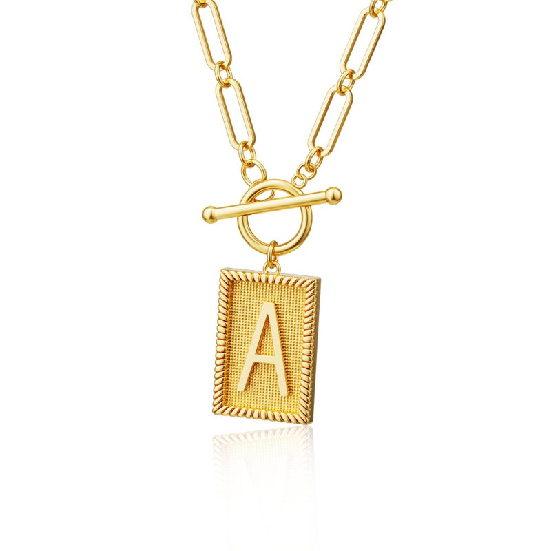 Tewiky Gold Initial Necklaces for Women, Toggle Clasp Square Letter Pendant Necklace Trendy 14K Gold Plated Dainty Paperclip Chain Necklaces for Women Jewelry Gifts - Image 1
