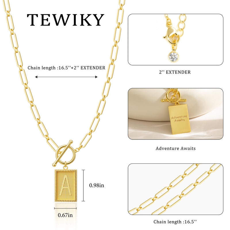 Tewiky Gold Initial Necklaces for Women, Toggle Clasp Square Letter Pendant Necklace Trendy 14K Gold Plated Dainty Paperclip Chain Necklaces for Women Jewelry Gifts - Image 2