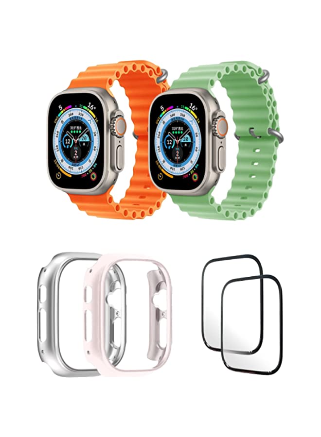 IAF Silicone Ocean Band Strap for Apple Watch Ultra 8 49mm Orange/Mint Green , Case Compatible with Apple Watch Ultra 49mm Silver/Pink , 2* pcs Watch glass Set of 6