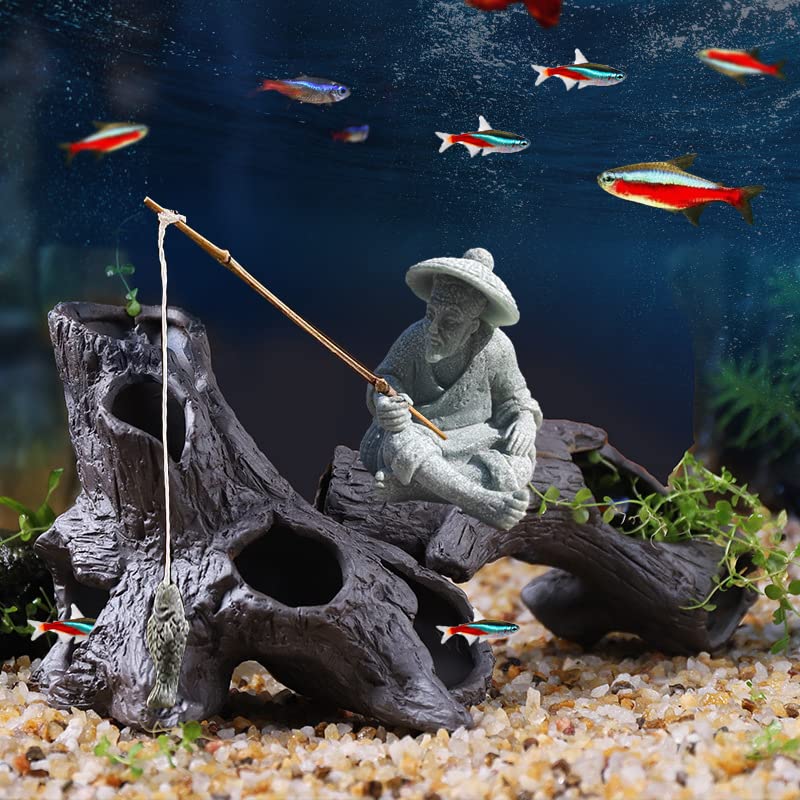 livelyfish Mini Fisherman Statue Asian Zen Decoration Sitting Fishing Figurines Sandstone Vintage Ornament for Aquarium Fish Tank Pot Garden Home Japanese Decor (A) - Image 2