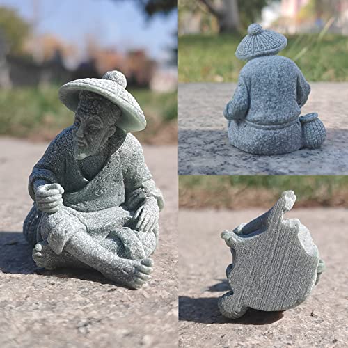 livelyfish Mini Fisherman Statue Asian Zen Decoration Sitting Fishing Figurines Sandstone Vintage Ornament for Aquarium Fish Tank Pot Garden Home Japanese Decor (A) - Image 5