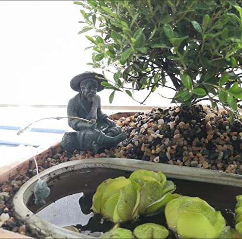 livelyfish Mini Fisherman Statue Asian Zen Decoration Sitting Fishing Figurines Sandstone Vintage Ornament for Aquarium Fish Tank Pot Garden Home Japanese Decor (A) - Image 3
