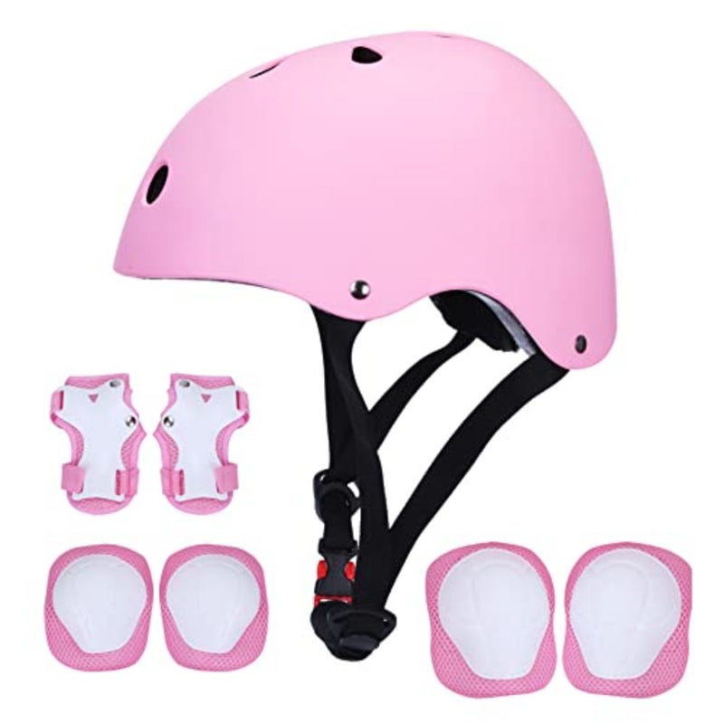 scooter cycling skateboard helmet and pads set for 3-8 years old, polyester/spandex blend, pink, adjustable fit with ventilation and CE certification - Image 1