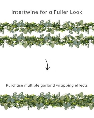 Vlorart 6ft Eucalyptus Garland with Boxwood and White Florals, Mixed Greenery Eucalyptus Garland for Wedding Arch, Backdrop, Table, Mantel and Home Decor - Image 3