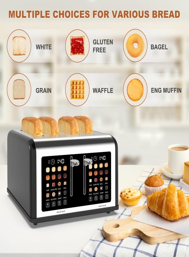Clixane 4 Slice Toaster Touch Screen, Stainless Steel Toasters Digital Timer, Dual Control Panel Toasters, 8 Shade Settings 6 Bread Types for Bagel, Cancel, Defrost 1650W Black - Image 2